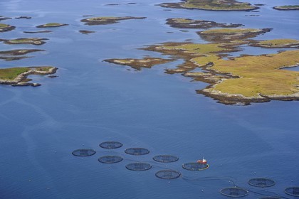 Royaume-Uni, Ecosse, Hébrides extérieures, Ile de North Uist recouvert d'une mosaïque de tourbières, basses collines et lochs, pisciculture en mer vers Hermetray (vue aérienne)