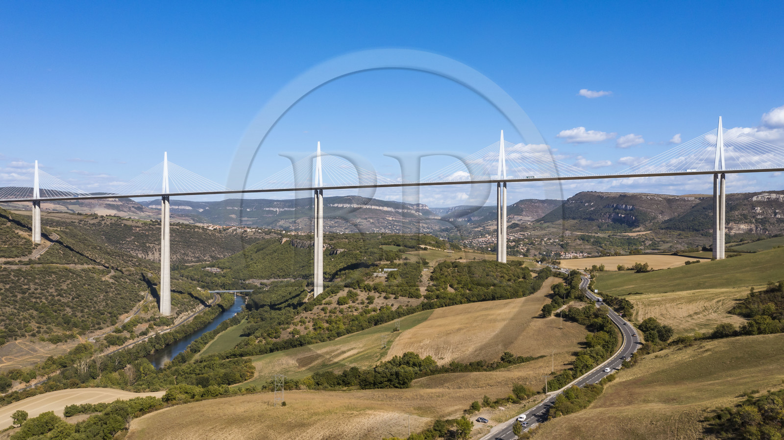 France, Aveyron, Grands Causses regional natural park, Millau, the Millau viaduct by architects Michel Virlogeux and Norman Foster, between the Causse du Larzac and the Causse de Sauveterre above the Tarn river (aerial view)