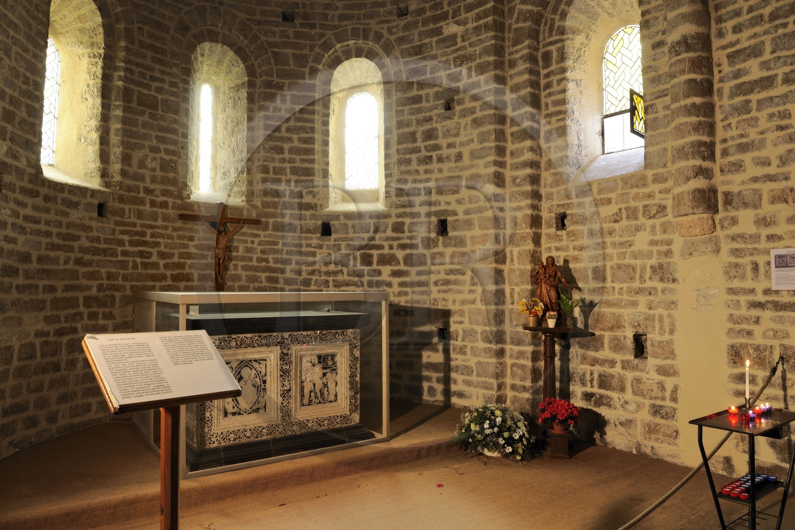 France, Herault, Medieval town of Saint-Guilhem-le-Desert, a stop on el Camino de Santiago, pilgrimage route to Compostela, labelled Les Plus Beaux Villages de France (The Most Beautiful Villages of France), abbey of Gellone from the 11th century listed as World Heritage by UNESCO, the altar of Guilhem (XIIth) is a unique liturgical furniture made of black & white marble and inlaid with colored glass