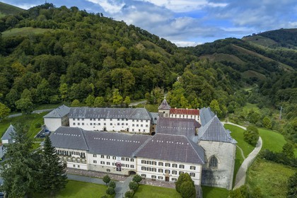 Spain, Basque Country, Navarra, Roncesvalles, stop on the Camino de Santiago (the Way of St. James), Royal Collegiate Church of Roncesvalles (aerial view)