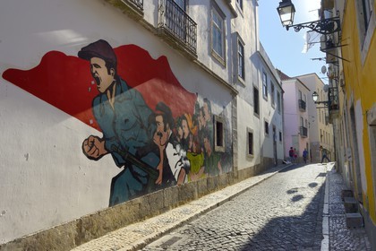 Portugal, Lisbon, Bairro Alto district, revolutionary fresco in the street Travessa dos Fieis de Deus