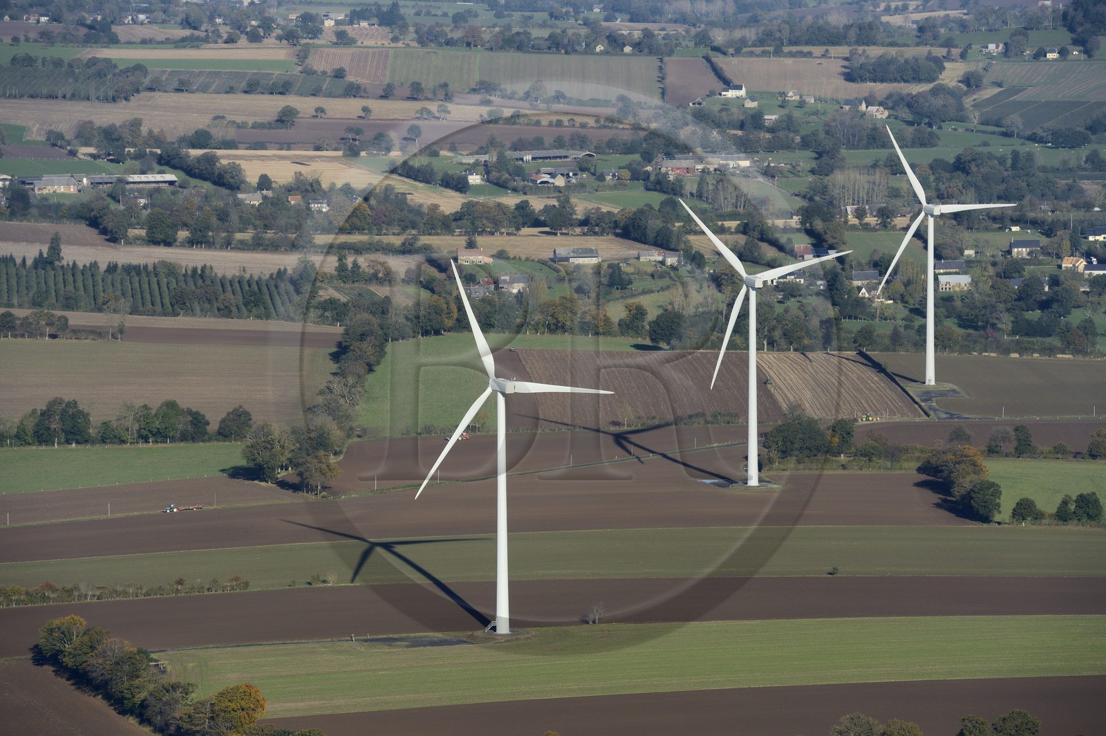 France, Orne, wind turbines in Moncy fields (aerial view)