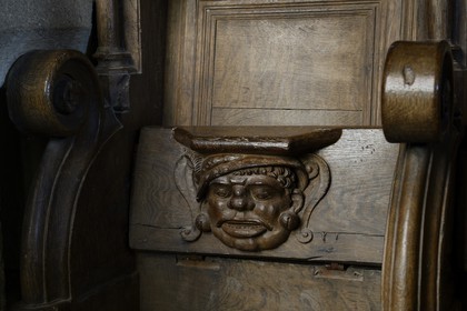 France, Finistere, Saint-Herbot, late Gothic Chapel of St. Herbot, stall of the sixteenth century with carved mercy