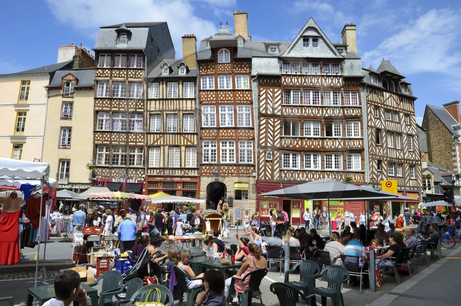 France, Ille-et-Vilaine, Rennes, the Champ Jacquet square is lined with seventeenth century half timbered houses