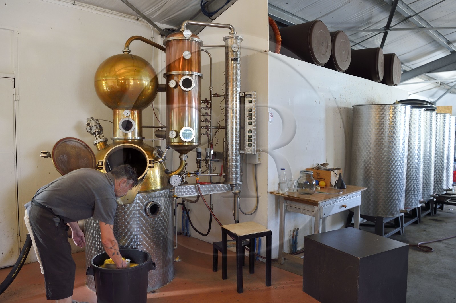 France, Ile de la Reunion, La Saline, La Part des Anges Distillation, remplissage de l'alambic électrique avec l'ananas fermenté pour la triple distillation de l'eau de vie