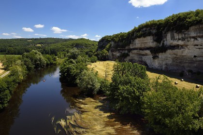France, Dordogne (24), Périgord Noir, vallée de la Vézère, site préhistorique et grotte ornée classés Patrimoine Mondial de l'UNESCO, Peyzac-le-Moustier, falaise de La Roque-Saint-Christophe, site troglotytique datant de la Préhistoire (vue aérienne)