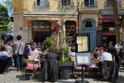 France, Rhone, Lyon, historical site listed as World Heritage by UNESCO, St. Paul neighborhood in the Vieux Lyon (Old Town), Place du Change and Bouchons Lyonnais (typical and traditional restaurants of Lyon)