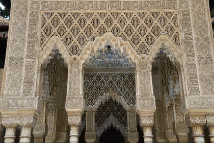 Spain, Andalusia, Granada, Alhambra Nasrid Palace, listed as World Heritage by UNESCO, columns of the Palace of the Lions patio (Patio de los Leones)