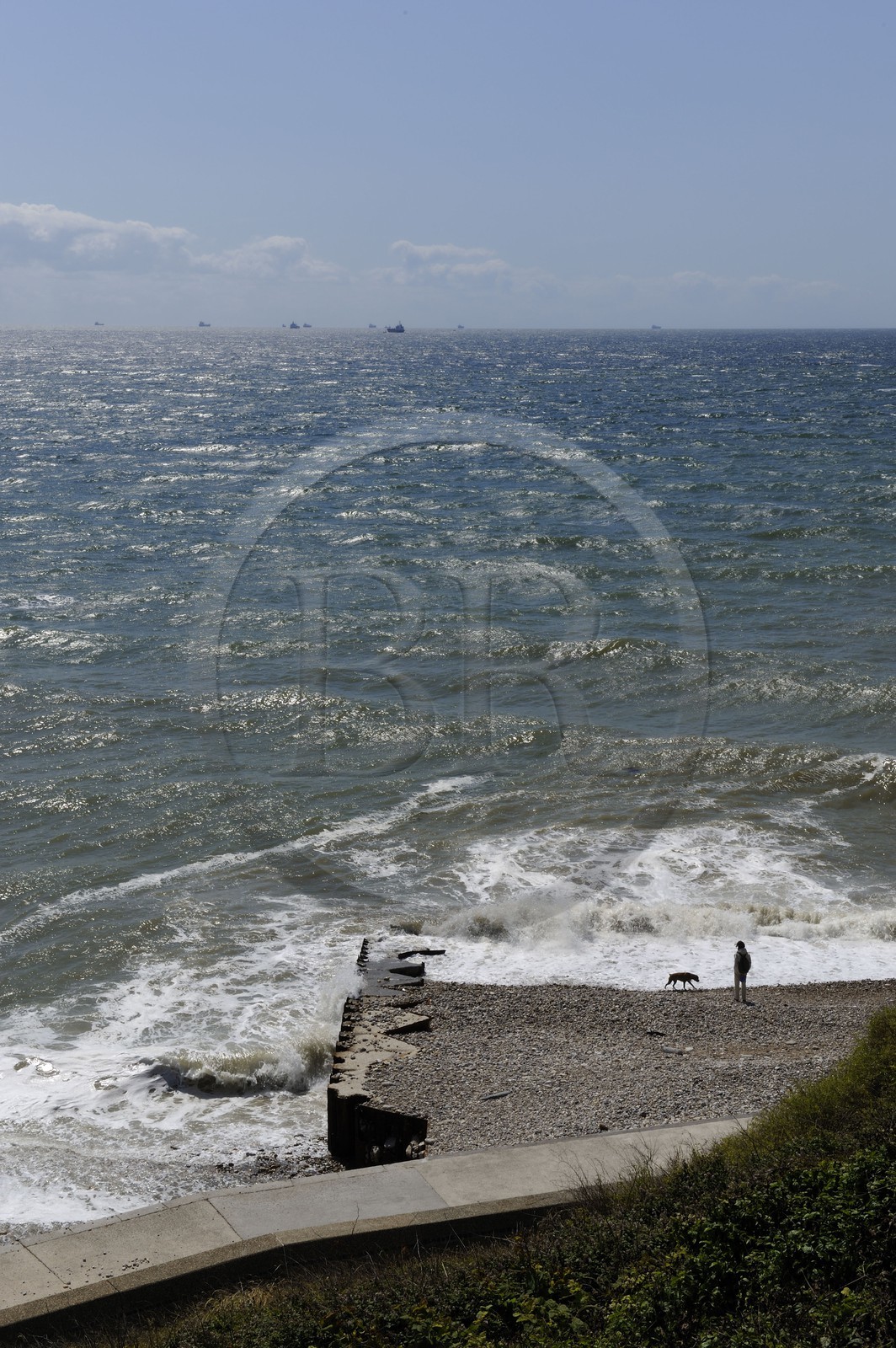 France, Seine-Maritime (76), Le Havre, observation du passage des grands porte-containers depuis la grande plage à Sainte-Adresse