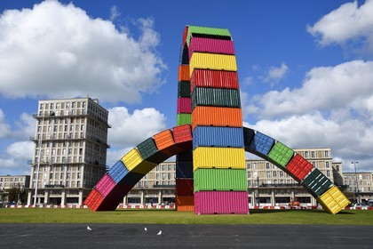 France, Seine Maritime, Le Havre, Downtown rebuilt by Auguste Perret listed as World Heritage by UNESCO,  Southampton wharf, Catène de containers by Vincent Ganivet (© ADAGP)