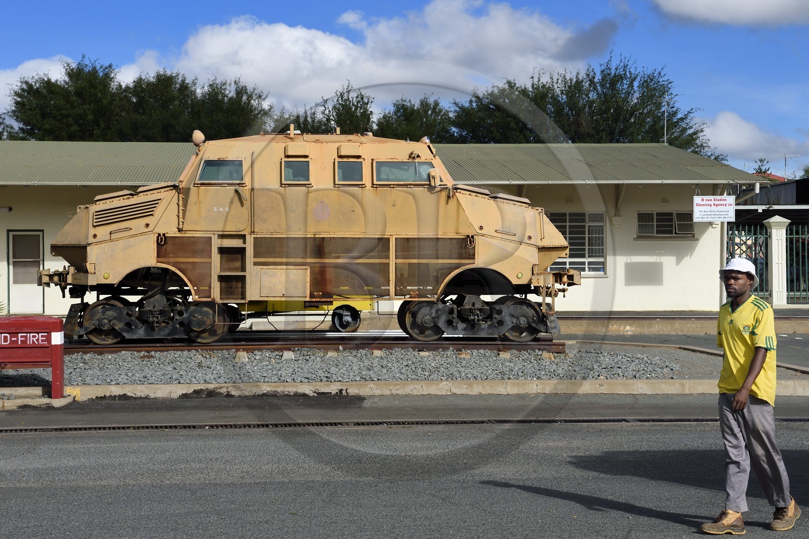Namibie, région de Khomas, Windhoek, la gare dans Bahnhof strasse, Padda Kobus Railway Armoured Vehicle Panzer Train de l'epoque Sud-Africaine