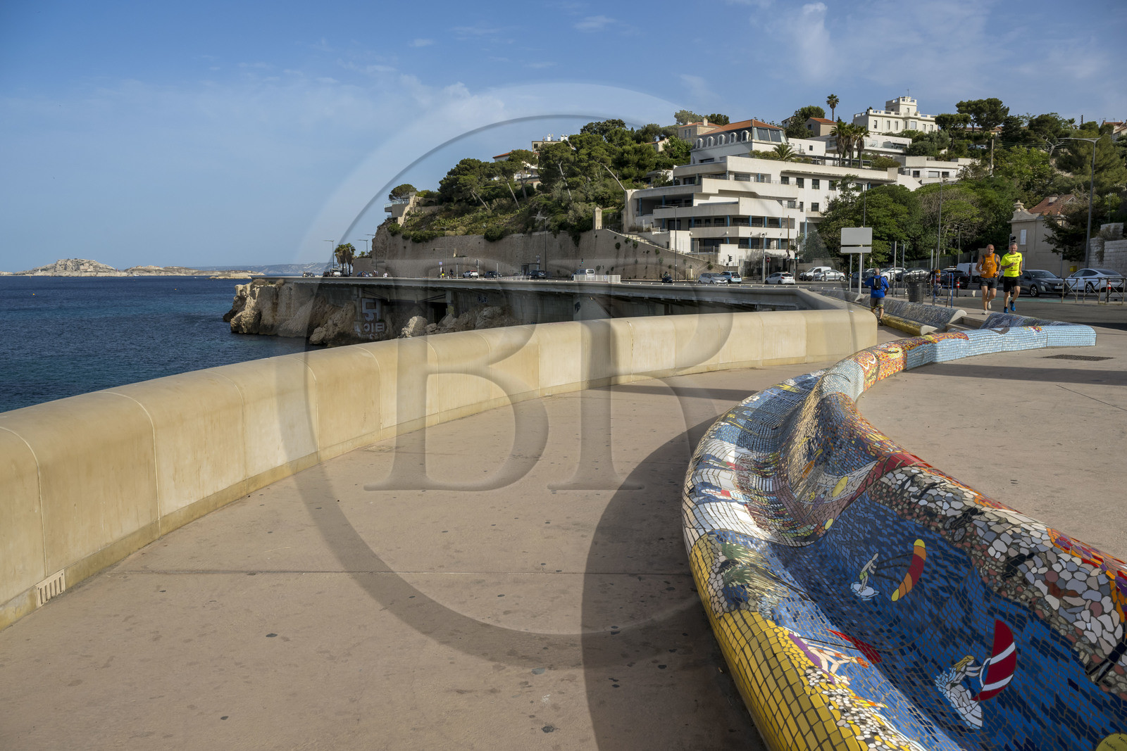 France, Bouches du Rhone, Marseille, Corniche of President John Fitzgerald Kennedy, the Viv'Arthe Association and its Mosaic Project, cover with mosaic the longest bench in the world which runs for almost 3 km along the Corniche