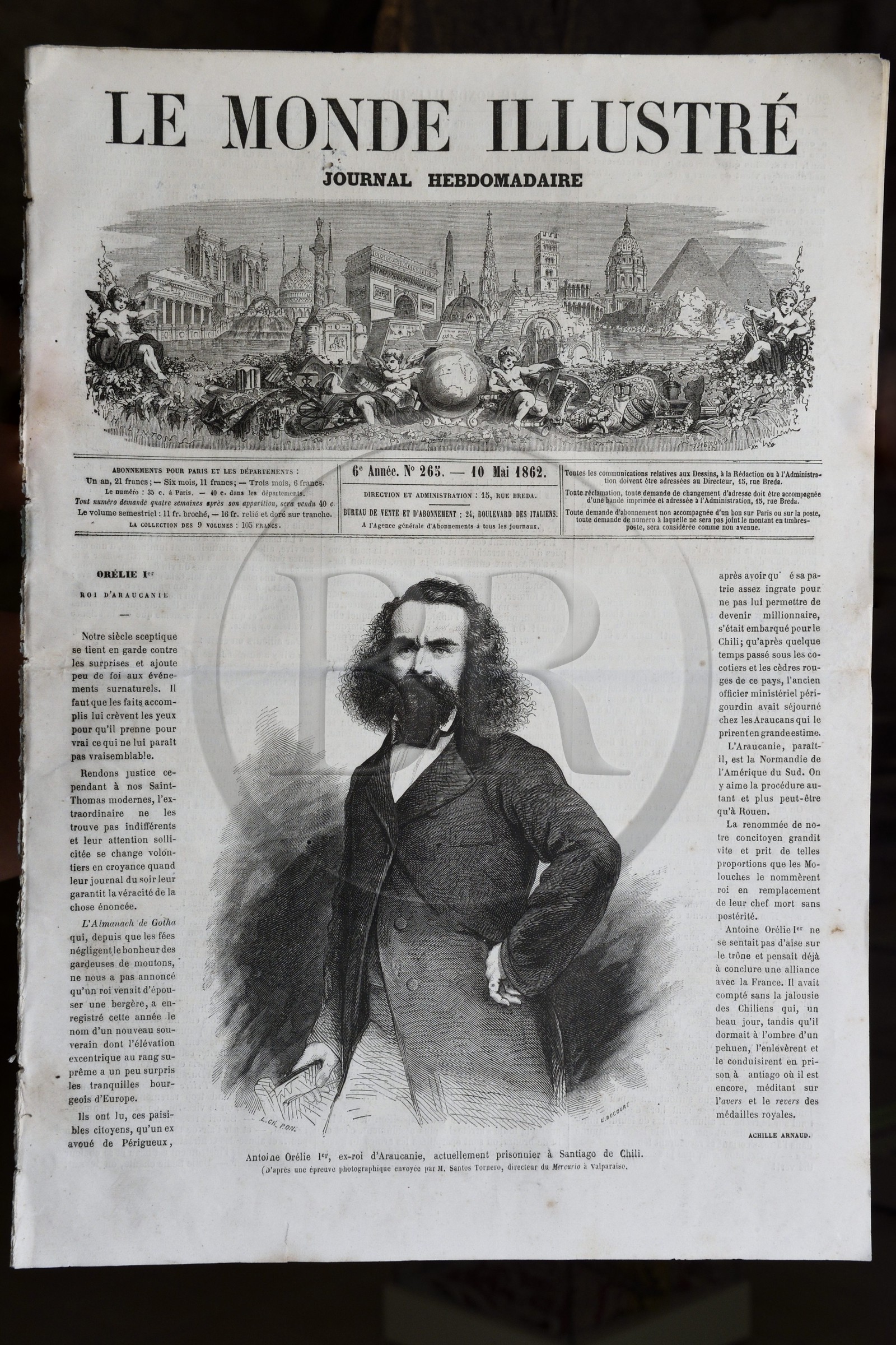 France, Dordogne (24), Périgord Noir, vallée de l'Auvézère, Tourtoirac, musée des Rois d’Araucanie et de Patagonie, l'aventurier Orélie-Antoine de Tounens devenu Orélie-Antoine Ier roi d'Araucanie et de Patagonie, portrait dans le Monde Illustré daté du 10 mai 1862