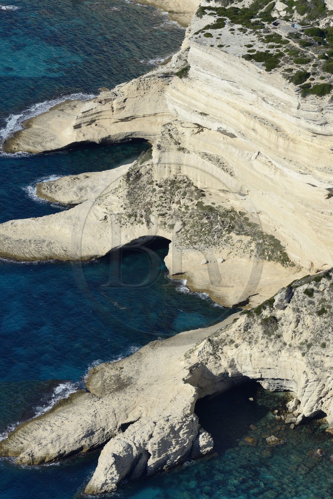 France, Corse-du-Sud (2A), Réserve Naturelle des Bouches de Bonifacio, les falaises de calcaire (vue aérienne)