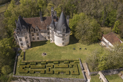 France, Dordogne, Périgord Vert, Villars, cyclists traveling along the Flow Vélo cycle route in front of Renaissance style Puyguilhem castle (aerial view)