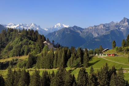 Switzerland, Canton of Vaud, Villars-sur-Ollon, train to the Bretaye pass station at the Bouquetins station and Mont-Blanc in the background