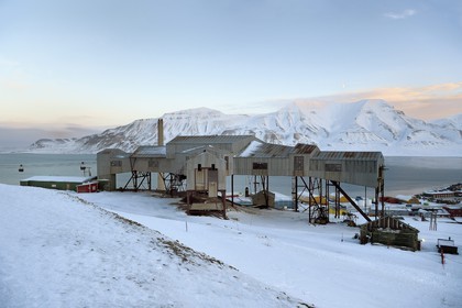 Norway, Svalbard, Spitzbergen, Longyearbyen, Taubanesentralen, abandoned central cableway building used for transporting coal in carts from the mines to the harbour