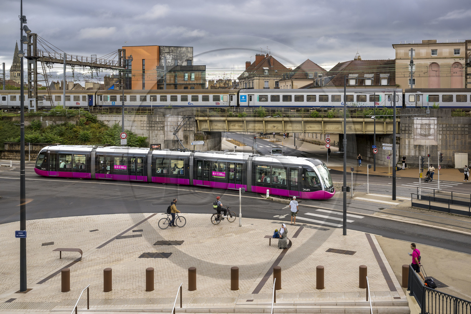France, Cote d'Or, Dijon, area listed as World Heritage by UNESCO, in front of the International Cité of Gastronomy and Wine by architect Anthony Béchu, the rue Monge end