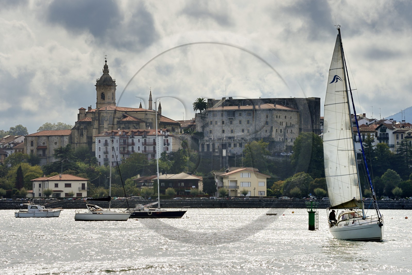 France, Pyrenees Atlantiques, Basque Country coast, Hendaye bay in the mouth of the Bidasoa, the village of Hondarribia (Fuenterrabía)