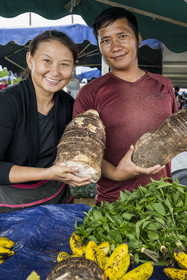 France, Guyane, Javouhey, marché du dimanche Hmong, réfugiés du Laos arrivés en 1978 qui se sont spécialisés dans la culture fruitière, Monica et son mari devant leur étal de racines de tarot, basilic thai et bananes
