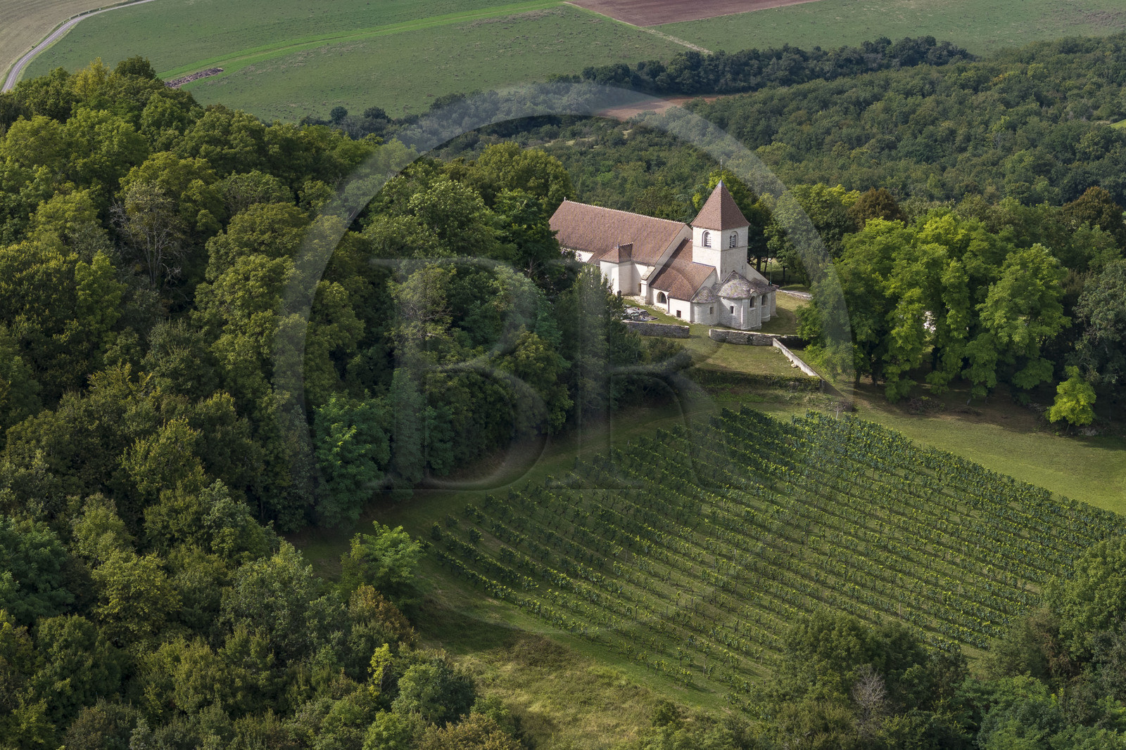 France, Côte-d'Or (21), Reulle-Vergy, église Saint-Saturnin du XIIe siècle de style roman située à proximité des ruines de l'ancien bourg castral de Vergy (vue aérienne)