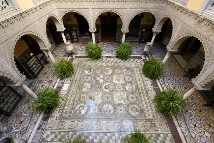 Spain, Andalusia, Seville, Palace of the Countess of Lebrija (El Palacio de la Condesa de Lebrija), roman mosaic depicting God Pan in the central courtyard