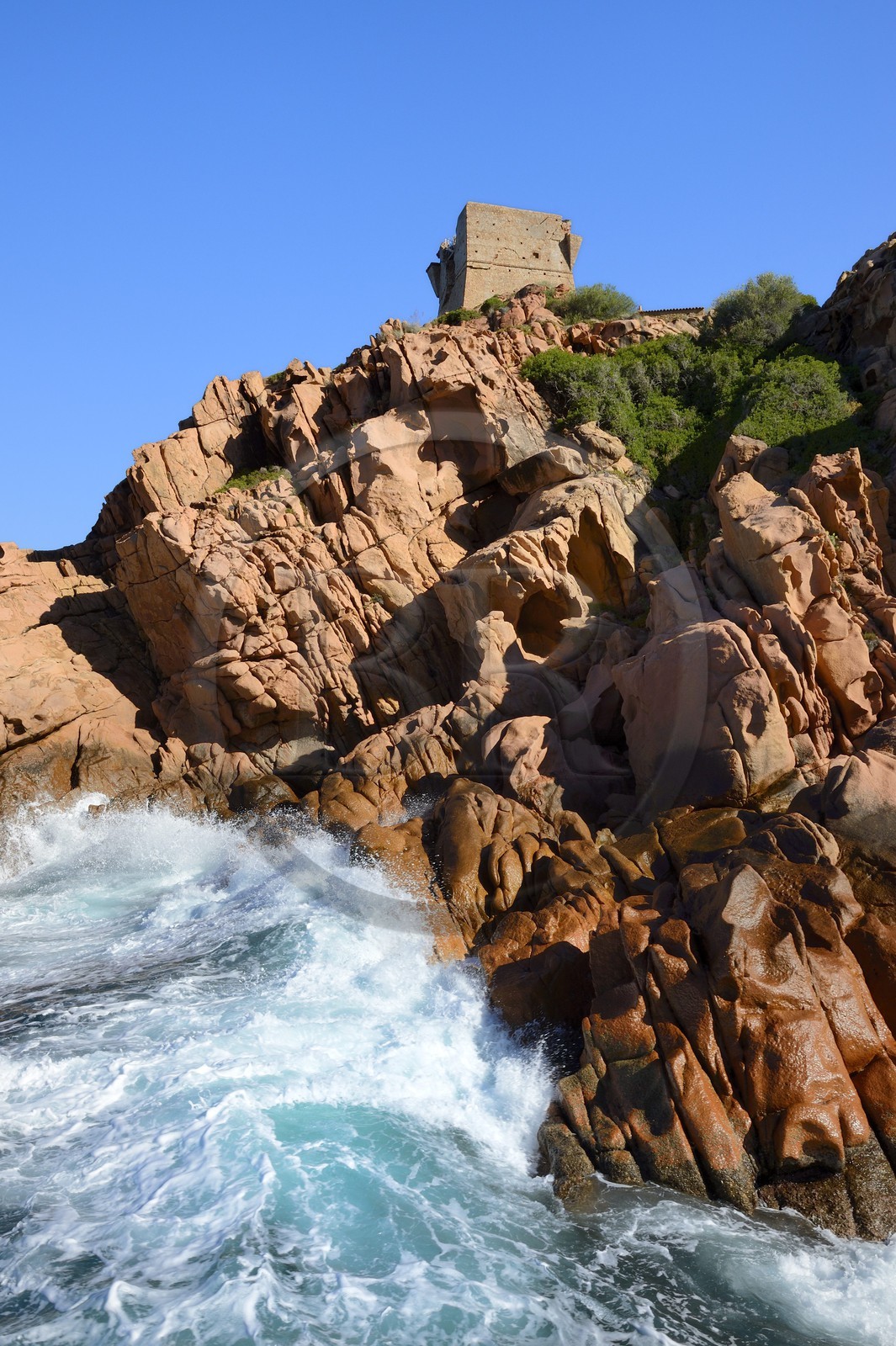 France, Corse du Sud, Golfe de Porto, listed as World Heritage by UNESCO, the Genoese tower above the port pass of Porto