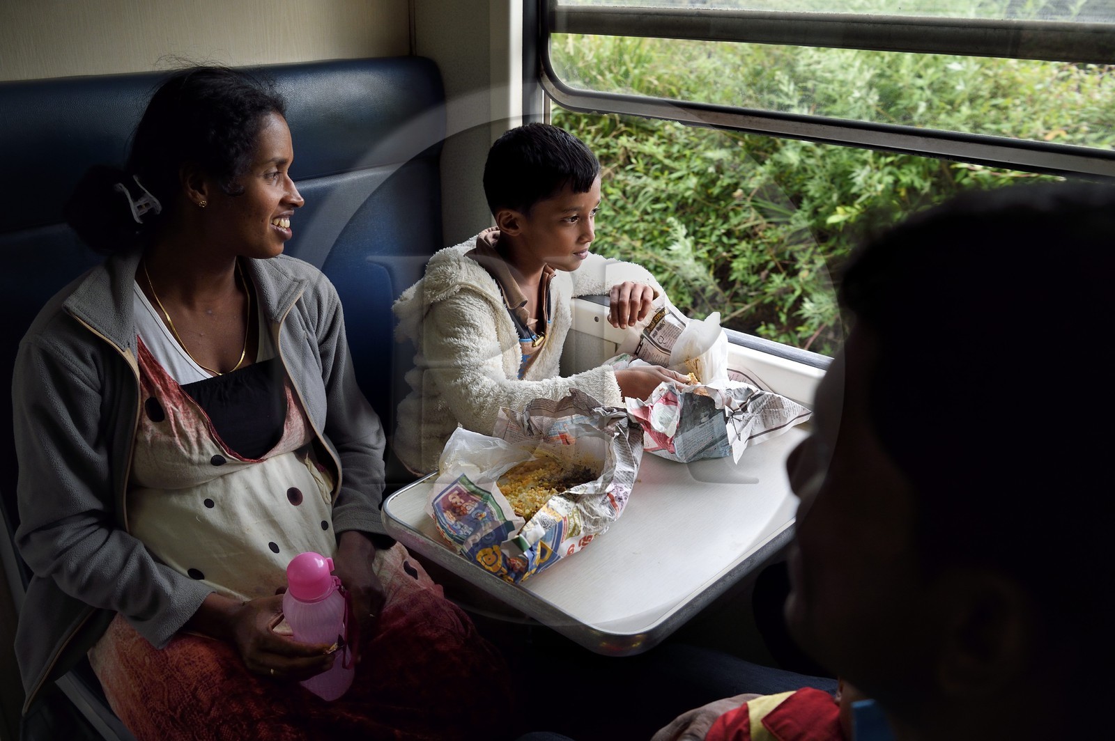 Sri Lanka, Uva Province, the popular scenic train ride through the tea growing hill country between Hatton and Ella, train passengers around Ambewela