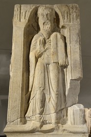 France, Rhone, Lyon, historical site listed as World Heritage by UNESCO, Vieux Lyon (Old Town), Gadagne museums, Historical Museum of Lyon, carved architectural element called Abraham Pillar marble from the Ile Barbe (1175)