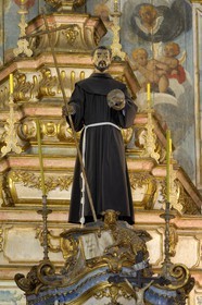 Brazil, Minas Gerais state, Ouro Preto, historical center listed as World Heritage by UNESCO, igreja de Sao Francisco de Assis, Saint Francis of Assisi church, statue of St. Francis of Assisi in front the high altar (Gold Route, Estrada Real)