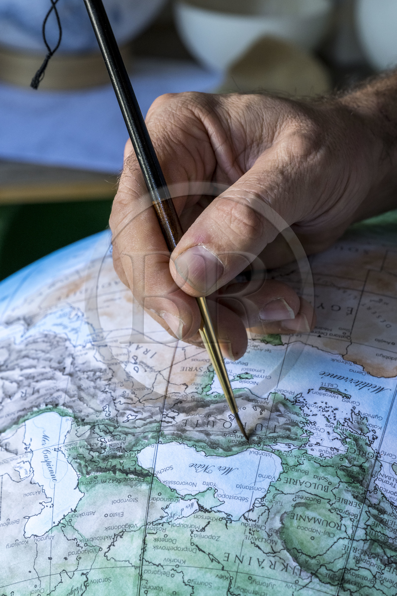 France, Charente, Cognac, handcrafted terrestrial globe painted in watercolor by Gabriel Gaborel creator of OrbisTerrae
