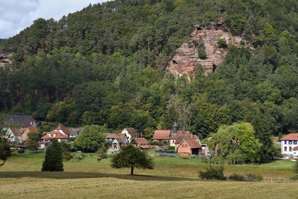 France, Bas Rhin, Northern Vosges Regional Natural Park, Obersteinbach, the protestant church of the village dominated by the sandstone rock of Wachtfels