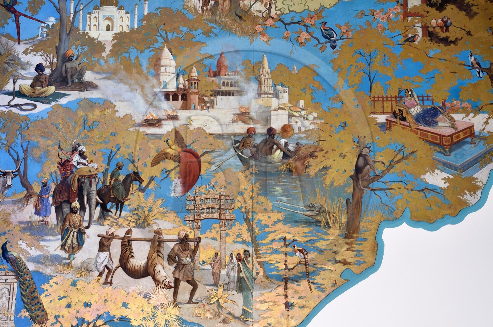 France, Allier (03), Vichy, villa art Déco René Jeux, détail de la carte murale de l'Orient rêvé des voyageurs, des déserts d’Asie centrale aux temples du Japon, peinte à la main sur du contreplaqué par Max Moreau en 1942