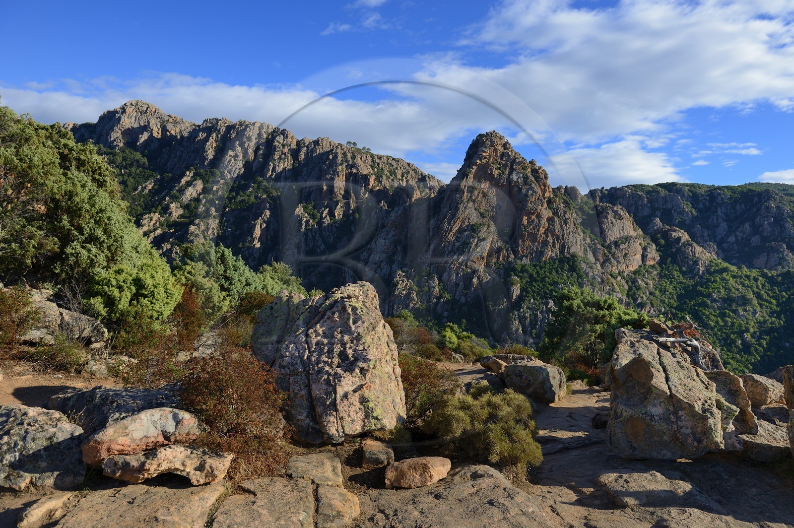 France, Corse du Sud, Golfe de Porto, listed as World Heritage by UNESCO,  the Creeks of Piana (Calanches de Piana) with pink granite rocks