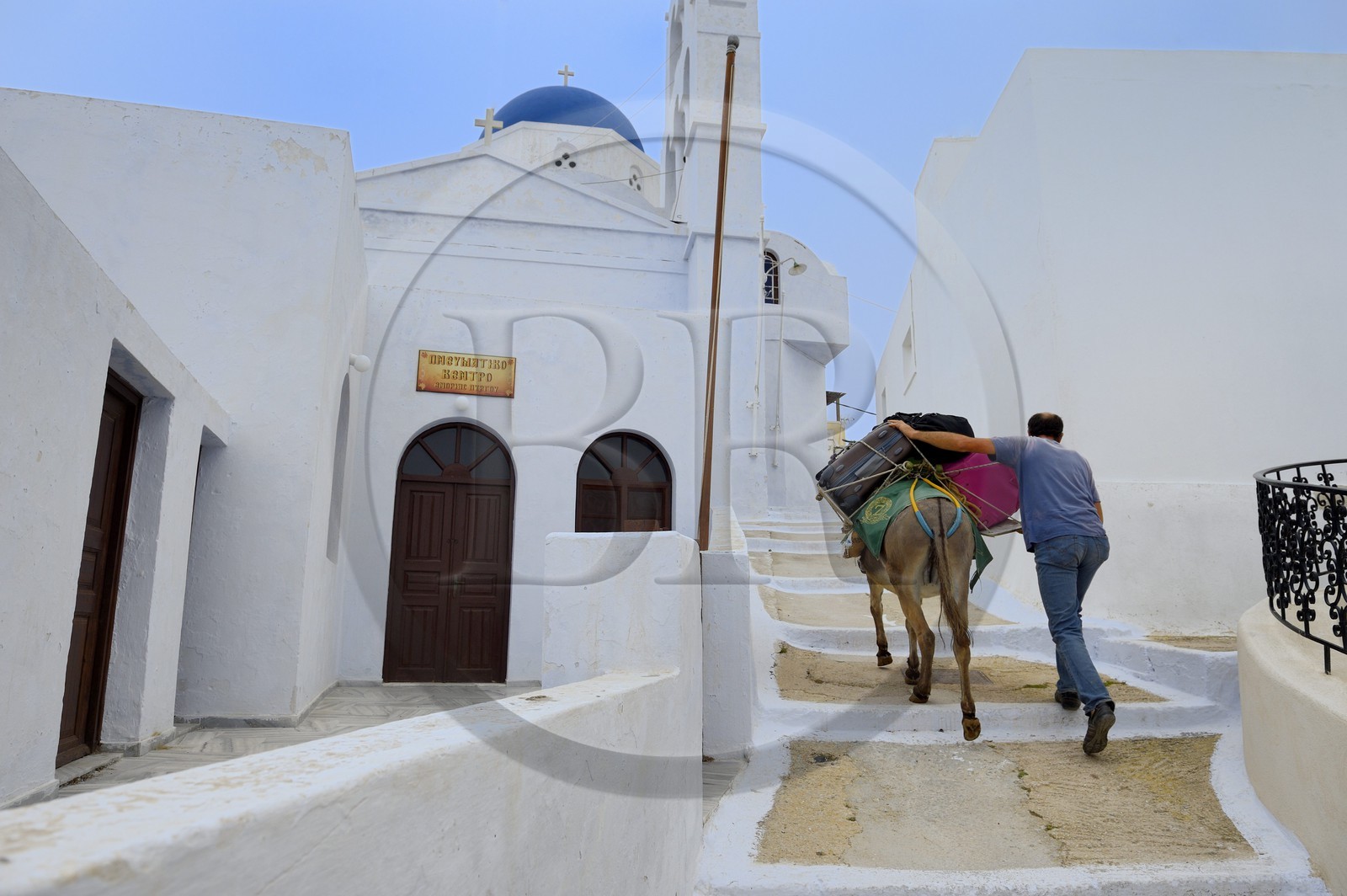 Greece, Cyclades, Aegean Sea, Santorini (Thira or Thera), village of Pyrgos, bringing the luggage up with a donkey