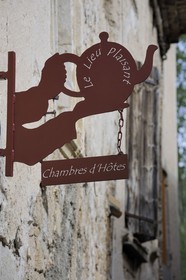 France, Herault, Saint Guilhem le Desert Medieval Village, Labelled Les Plus Beaux Villages de France (the Most Beautiful Villages of France), sign for Bed and Breakfast in the rue du Bout du Monde