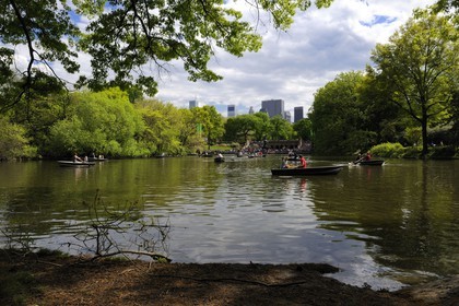 Etats-Unis, New York, Manhattan, Central Park, promenade en barque sur le lac et les gratte-ciels de Midtown