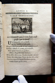France, Aisne, Château-Thierry, Jean de La Fontaine Museum - city of Chateau-Thierry, first edition of the La Fontaine's Fables book, Edition Claude Barbin and Denys Thierry, 1668, in-4, illustrated by François Chauveau, The Frog that wished to be as big as the Ox fable III of book I