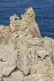 France, Finistère (29), Mer d'Iroise, Ile d'Ouessant, rochers façonnés par les tempêtes au pied du phare du Créac’h, certains ont des formes originales ici le Roi Gradlon