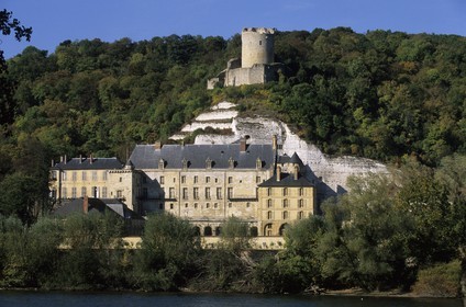 France, Val d' Oise, French Vexin Natural Regional Park, La Roche Guyon village, labelled Les Plus Beaux Villages de France (The Most Beautiful Villages of France), castle, and its donjon in the cliff