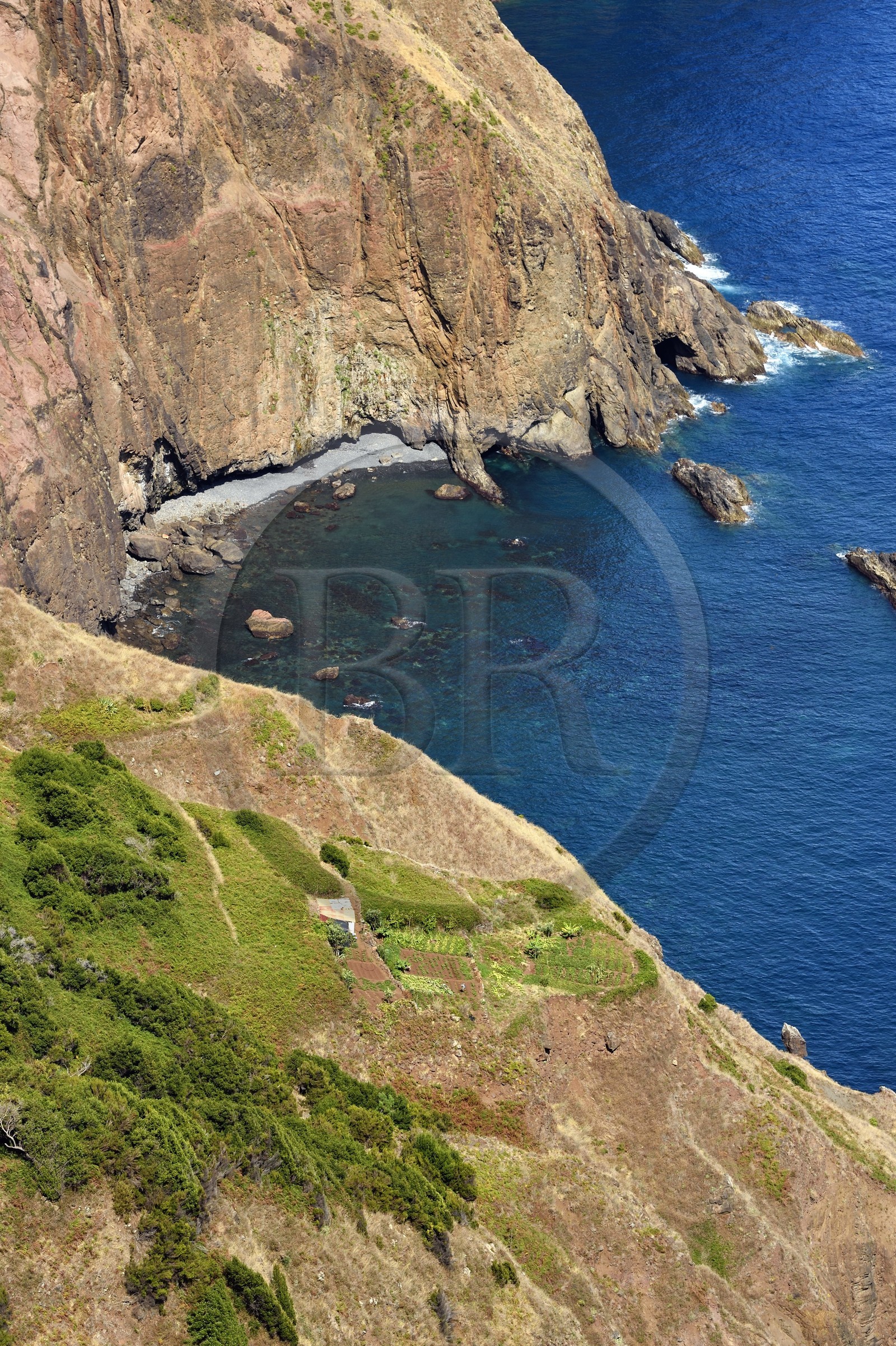 Portugal, Ile de Madère, randonnée de Machico à Porto da Cruz par le Vereda do Larano, cabane et cultures à flanc de falaise
