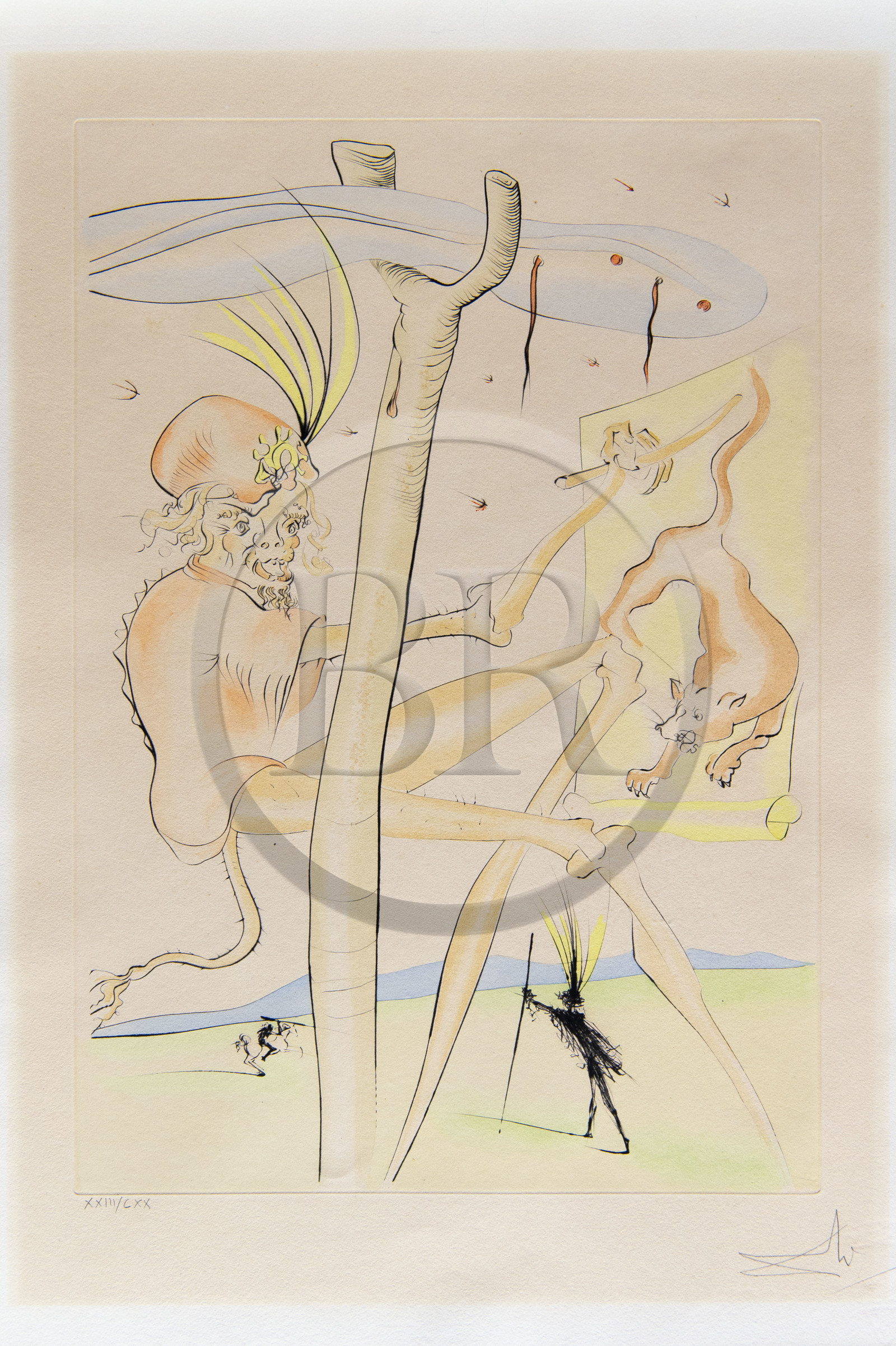 France, Aisne, Château-Thierry, Jean de La Fontaine Museum - city of Chateau-Thierry, illustrations from La Fontaine's Fables, The Monkey and the Leopard fable III from book IX, prints by Salvador Dali, 1976, drypoint on wove paper, stenciled color highlights