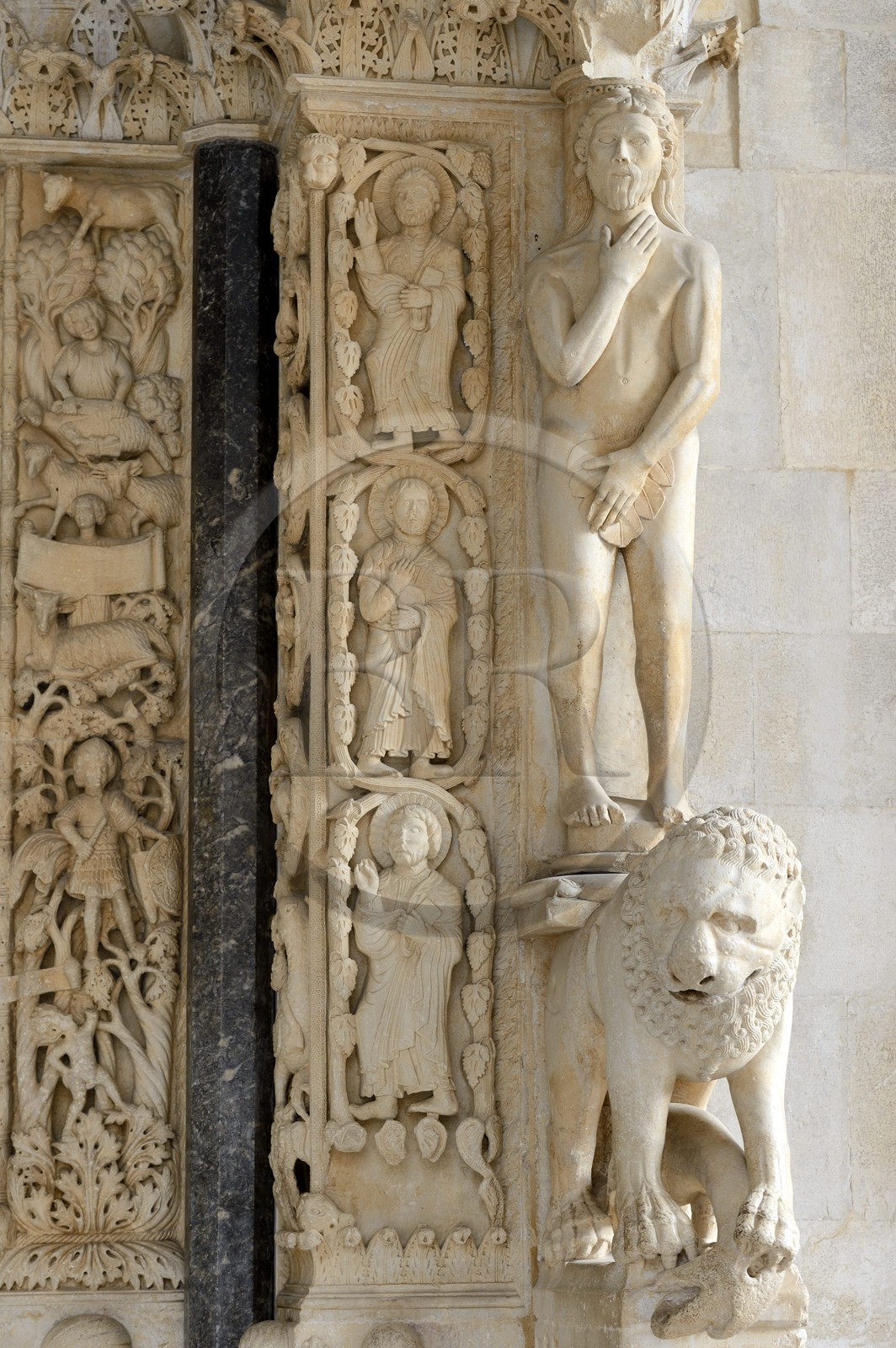 Croatia, Dalmatia, Dalmatian Coast, Trogir, portal of the Cathedral Saint Lawrence of Trogir, Adam's sculpture and bas reliefs