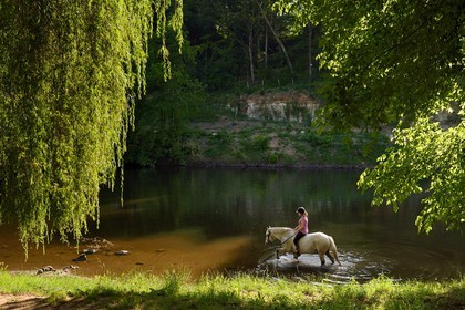 France, Dordogne (24), Périgord Noir, vallée de la Vézère, Saint-Léon-sur-Vézère, labellisé Les Plus Beaux Villages de France, une cavalière sur les rives de la Vézère