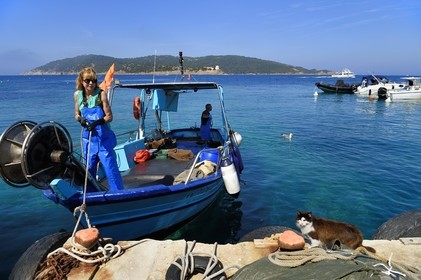 France, Var (83), Iles d'Hyères, Parc national de Port Cros, Ile du Levant, domaine naturiste d'Héliopolis, retour au port du bateau de pêche de Christophe et Brigitte Chevallier, seuls pêcheurs professionnels d'Héliopolis