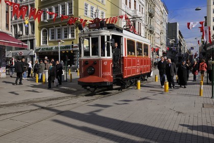 Turkey, Istanbul, Beyoglu, Taksim District, old tramway in Istiklal Caddesi Street