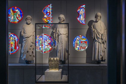 France, Paris, Musée de Cluny - Musée national du Moyen-Age (Middle Ages Museum in the former Hotel de Cluny), stained glass windows and statues from the Sainte-Chapelle in Paris