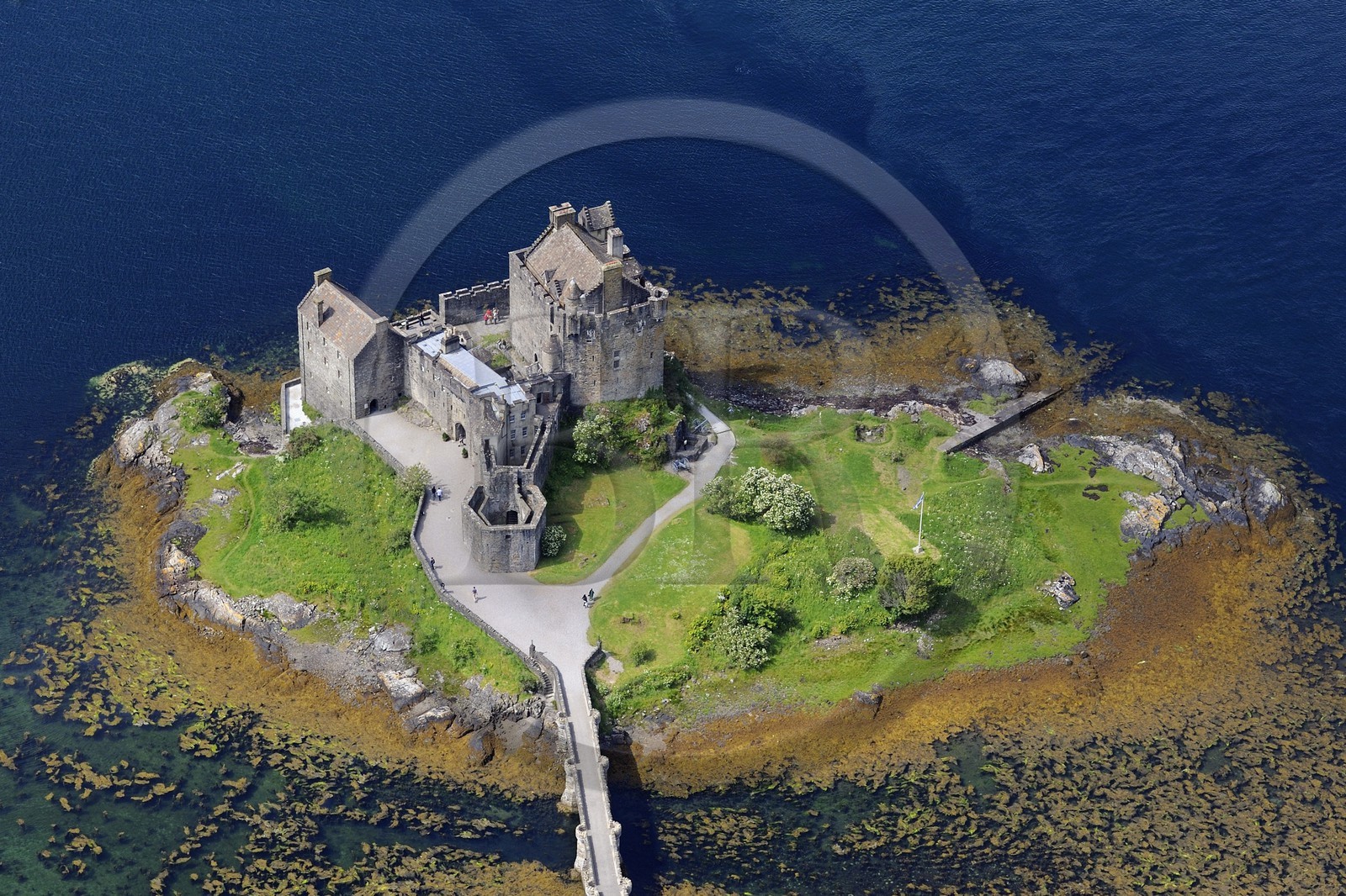 United Kingdom, Scotland, Highland, Dornie, Eilean Donan castle on the Loch Duich (aerial view)