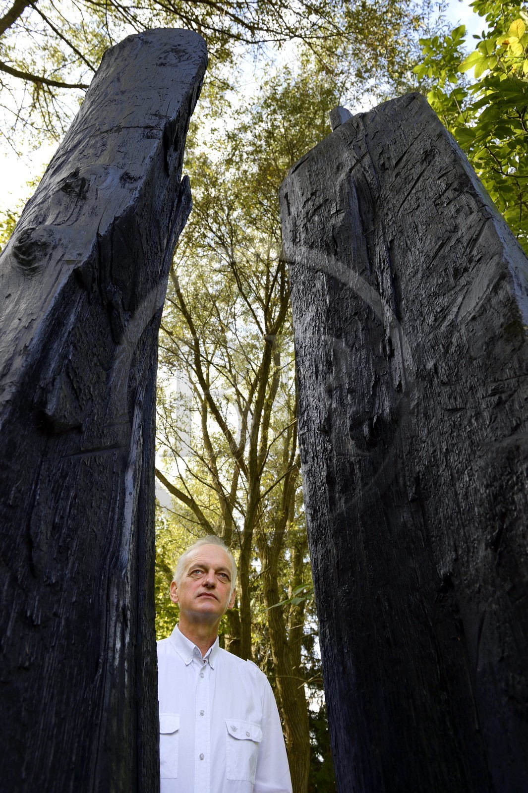 France, Marne, Beaumont-sur-Vesle, the sculptor Christian Lapie surrounded by his sculptures in his external workshop