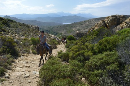 France, Haute-Corse (2B), Nebbio, cavaliers en randonnée dans le désert des Agriates